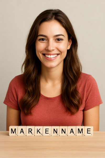 Frau Markennamen finden Junge Frau mit langen, braunen Haaren lächelt und will Markennamen finden.