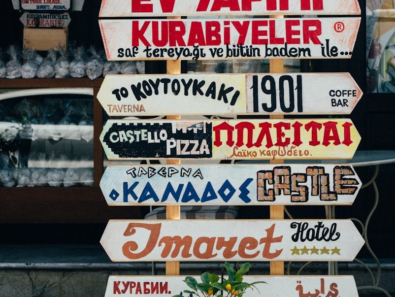 schriften Verschiedene Schilder mit Restaurantnamen in einer Stadt, bunt und kreativ gestaltet für Markennamen finden.
