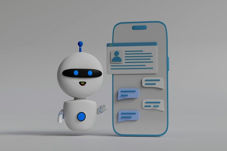 chatbot Ein freundlicher Roboter neben einem Smartphone mit Chat-Nachrichten.