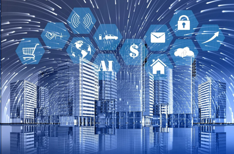 City Moderne Stadtansicht mit Symbolen für Technologie und Kommunikation bei einer Namensagentur.